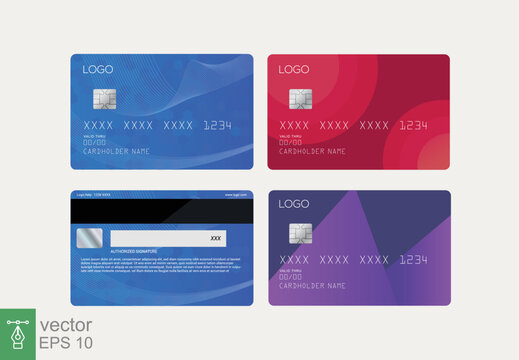 Credit cards vector mockups isolated on grey background. Blue, red and purple debit card. ATM card with chip, payment, business concept. Simple realistic style. EPS 10.
