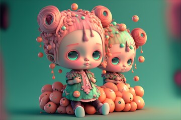 Obraz premium Cutes dolls and ice cream on a cotton candy land, illustration of a fantasy landscape.