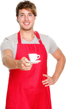 Barista / waiter man serving coffee wearing apron. Handsome young small coffee shop business owner isolated in transparent PNG.