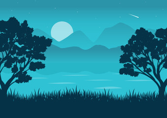 lake landscape vector illustration with a blue silhouette