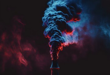 An image of red and blue smoke billowing out of a smokestack or exhaust pipe, representing the idea of industry and power (AI)