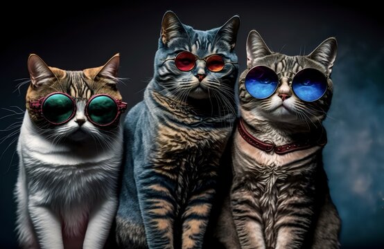 A photo of a group of cats wearing sunglasses, posing together as if they are part of a funny cat band or crew (AI)
