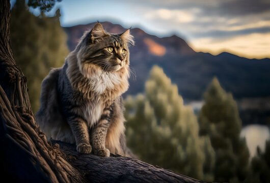 A photo of Chewie the cat perched on a tree branch in a natural setting, with a scenic view of the wilderness in the background (AI)