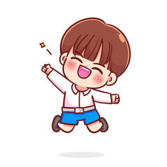 Cute cheerful student boy jumping cartoon character kid children school education hand draw art illustration