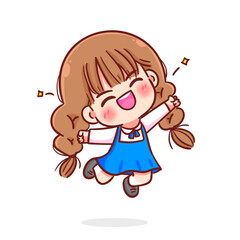 Cute cheerful student girl jumping cartoon character kid children school education hand draw art illustration