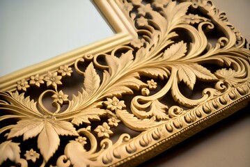 close-up of a golden, ornate frame with intricate designs on a cream-coloured background (AI Generated)