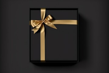 overhead shot of the gift box with the golden ribbon, set against a black background to create a striking contrast (AI Generated)