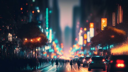 Obraz premium blurred image of a cityscape at night, with the bright lights and busy streets symbolising the hectic and chaotic nature of substance abuse (AI Generated)
