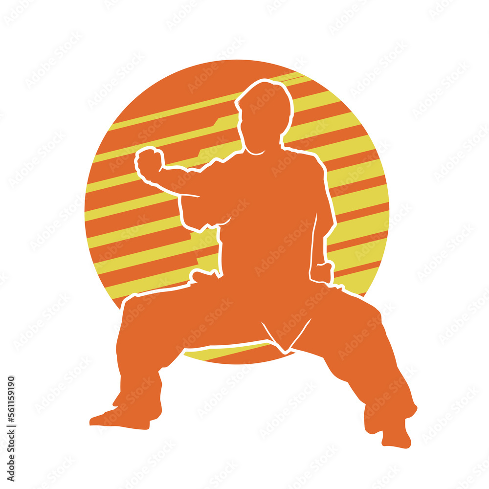 Poster Pencak silat, Indonesia traditional martial art athlete vector silhouette.