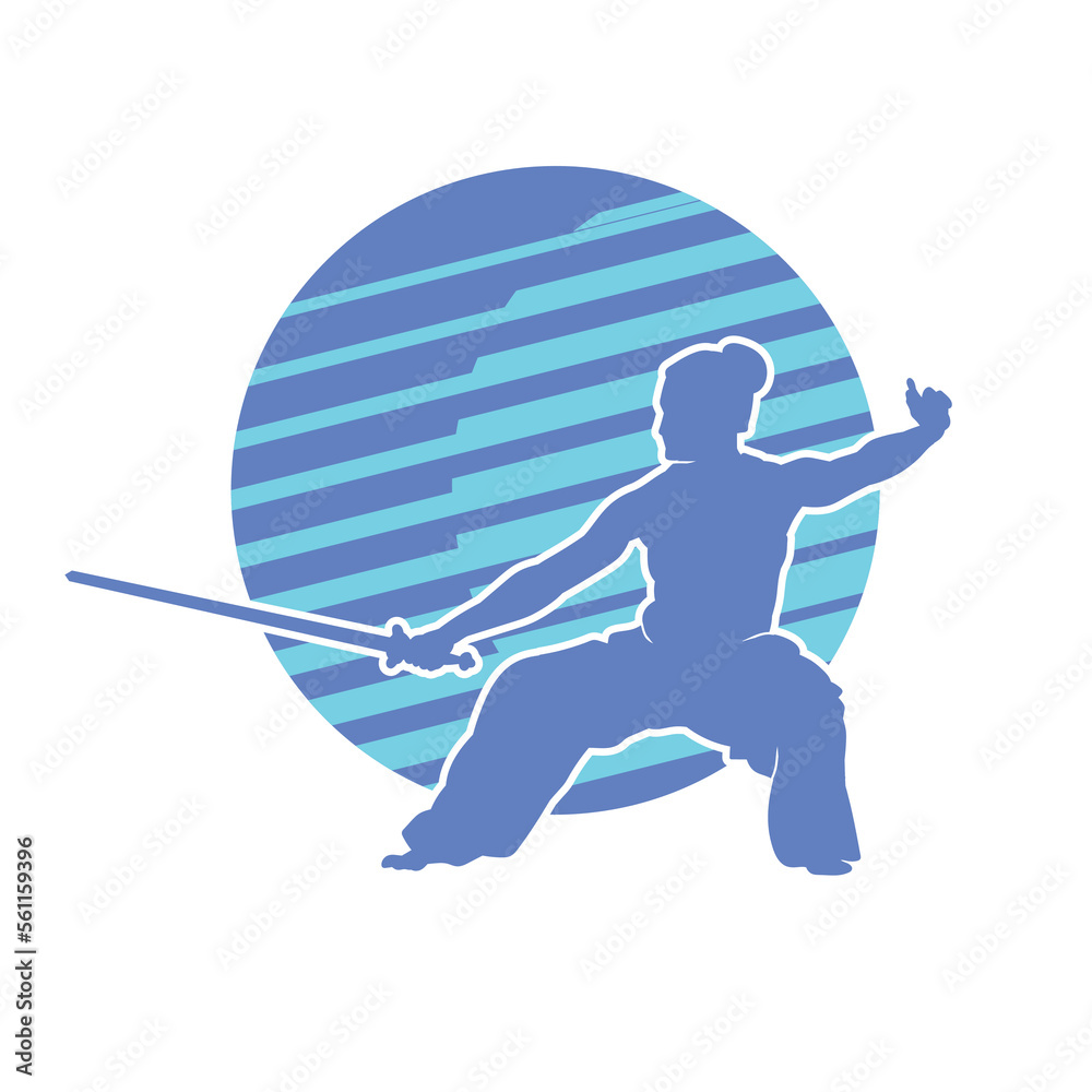 Poster Silhouette of a male martial arts athlete with his hair in a bun. shirtless and holding a sword.