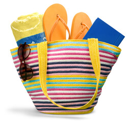 Beach accessories in bag. Summer vacations.