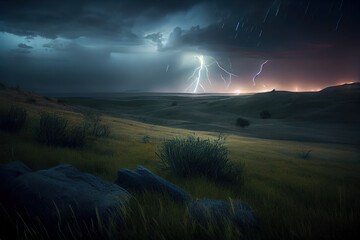 Naklejka na ściany i meble Lightning Strike in the distance rolling hills night scene long exposure