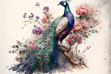 Beautiful Peacock with Flowers, Wall Art, Background