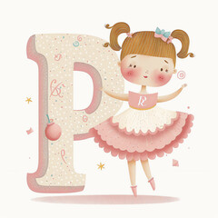 Cute letter P, Children's book, Ballerina theme, Generative AI