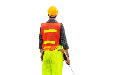 Rear view of Engineer man checking project, Worker in hard hats on construction site