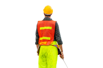 Rear view of Engineer man checking project, Worker in hard hats on construction site