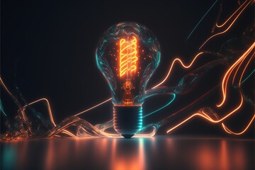 Futuristic AI Light bulb for inspiration, future, solutions, neon colors, dark background created with generative ai technology