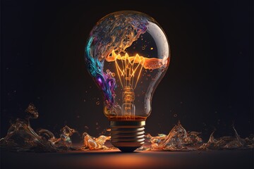 Futuristic AI Light bulb for inspiration, future, solutions, neon colors, dark background created with generative ai technology