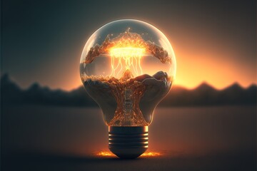 Futuristic AI Light bulb for inspiration, future, solutions, neon colors, dark background created with generative ai technology