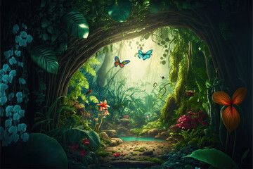 A beautiful fairy tale enchanted forest with big trees, tropical vegetation and many colorful insects - obrazy, fototapety, plakaty