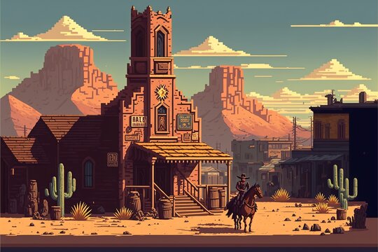 Wild west city landscape, with cowboy on horse and mountains in background, pixel art style. AI digital illustration