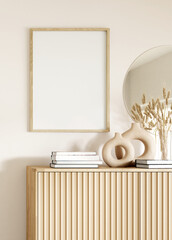 Frame and poster mockup in boho style interior. 3d rendering, 3d illustration