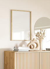 Frame and poster mockup in boho style interior. 3d rendering, 3d illustration © Wisnu haricoyo