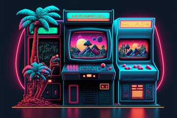 Old video game console with landscape in the background, 16 bit pixel art. Digital illustration. AI