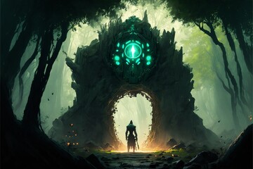 Mystical portal in the forest in the form of a golem's head, green mist. Generative AI
