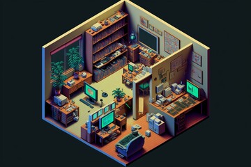 Gamer room with computers, isometric view inside. Generative AI