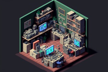 Gamer room with computers, isometric view inside. Generative AI