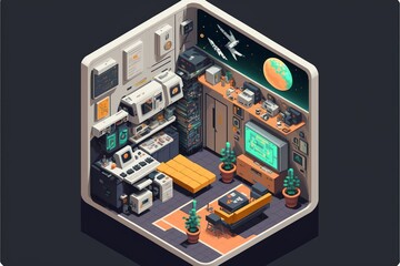 Isometric view inside the cabin of a spaceship. Generative AI