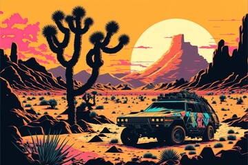 Fototapeta na wymiar Rusty and deteriorated custom car in the desert, cacti and monyanha in the background. Digital illustration. AI