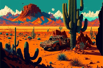 Rusty and deteriorated custom car in the desert, cacti and monyanha in the background. Digital illustration. AI