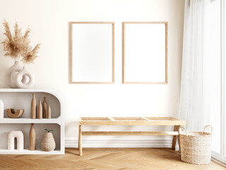 Frame and poster mockup in boho style interior. 3d rendering, 3d illustration © Wisnu haricoyo
