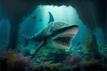 Naklejka premium Megalodon shark under the ocean, corals and fish, marine life. Digital illustration. AI