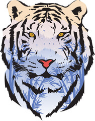 Tiger Forest, Blue Bird, Mountain Pine, and Bamboo Trees Vector