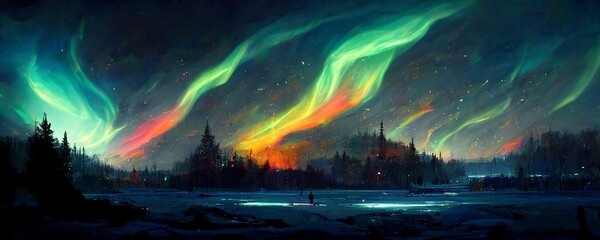 Fototapeta na wymiar Landscape with northern lights and forest, oil painting style. Digital illustration. AI