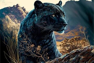 Animal black panther, with landscape in the background, artistic style. AI