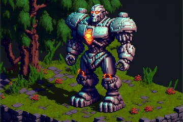 Stone guardian golem illustration, forest in background, pixel art style. AI
