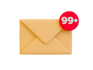 3d minimal unread messages reminder. letter notification. Envelope with 99+ unread messages notification. 3d illustration.