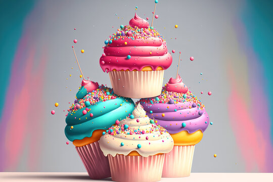 Three bright cupcakes on a stack with sprinkles dropping. Generative AI