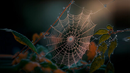 wet spider web in the forest