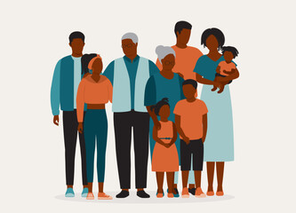 Portrait Of Black Family With Three Generations Of Two Parents Standing Together. Full Length. Flat Design Style, Character, Cartoon.