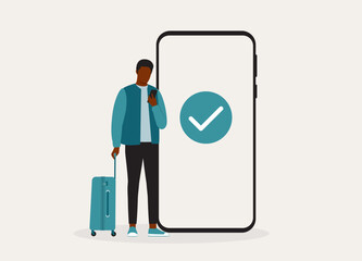 One Black Young Man With Luggage Bag Checking With His Mobile Phone For Traveling Approval. Full Length. Flat Design Style, Character, Cartoon.