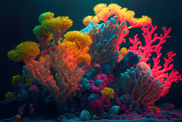 Wonderful colored corals and aquatic life in ocean seabed in the water realistic mattepainting illustration - obrazy, fototapety, plakaty