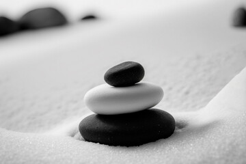 Fototapeta na wymiar Balanced stack of stones in white sand. Zen meditation nature background. Generative AI