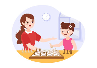 Chess Board Game Illustration with Kids Sitting Opposite and Playing for Web Banner or Landing Page in Flat Cartoon Hand Drawn Templates Illustration
