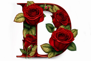 The letter D Valentine's Day Red Roses Isolated on White Background. Generative AI