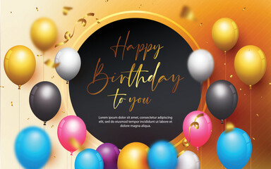 Happy birthday background with realistic balloon and confetti